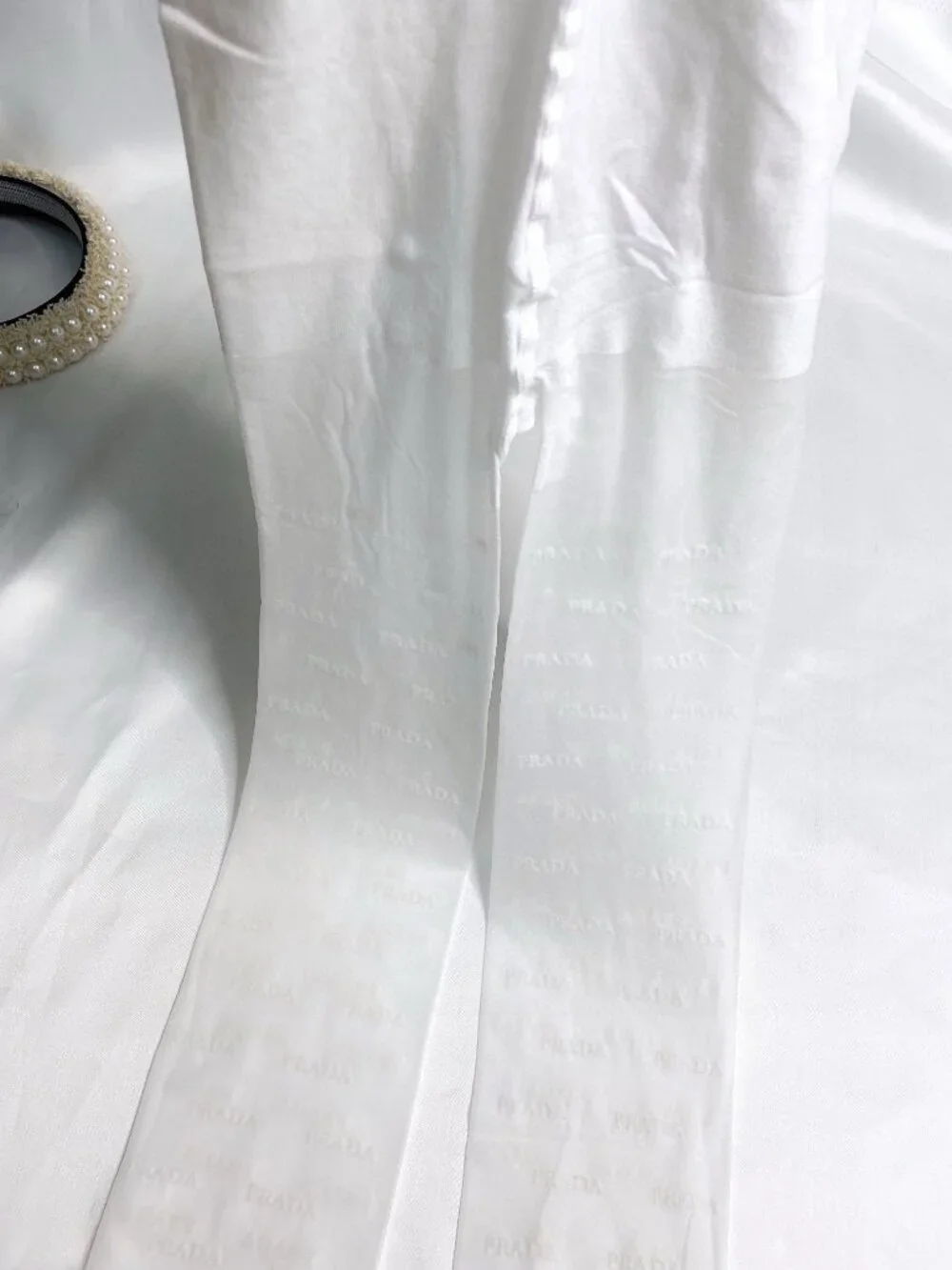 ✨ Prada logo flocked sheer white letter pattern stockings